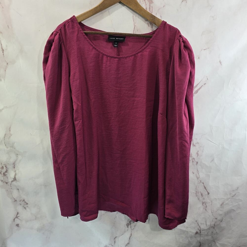 Lane Bryant Shirt Womens 22 3X Pink Cranberry Red Blouse Long Sleeve Puff